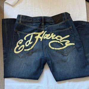 Ed Hardy Men's Straight Jeans in Dark Blue with Yellow Logo